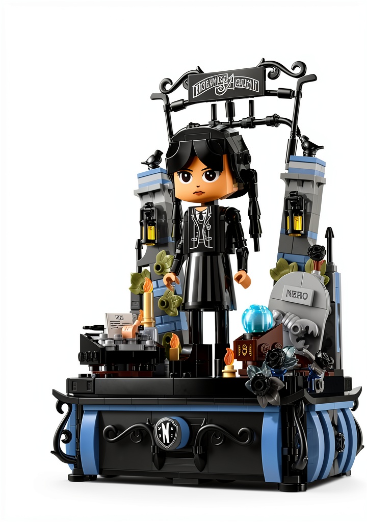 Installing LEGO Wednesday Addams figure set 702 pieces on a wooden desk