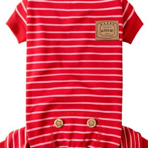 KYEESE Dog Pajamas, Soft Striped Pet Jumpsuit, Velvet Fleece Doggie Jammies, 4 Legs Dog Clothes, Stretchable Pajamas Cozy Outfit, Comfortable Onesie Sleepwear for Small Dogs,Red Striped, Large-0