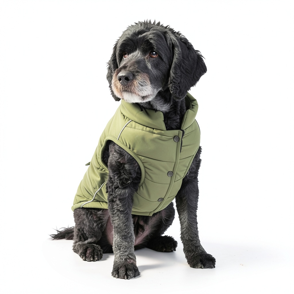 Installing Dog Winter Jacket Spark Paws Water-Resistant Coat Olive L on a wooden desk